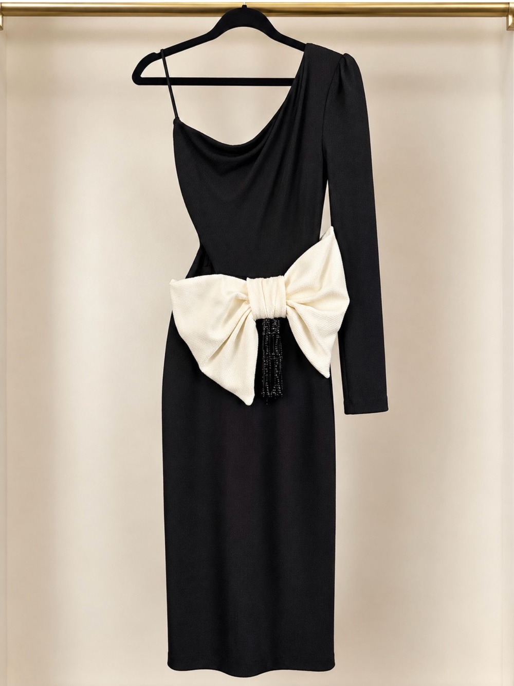 PatBo Grace One-Shoulder Black Dress with Ivory Bow Accent